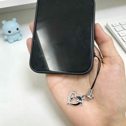1pc Rhinestone Heart Dolphin Phone Charm, Fashion Bag Pendant, Phone Accessory, Creative DIY Phone Case, Fits Universal Smartphones
