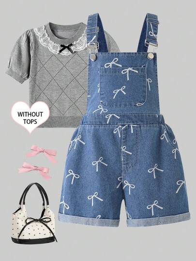 Tween GirlsDenim Bib Shorts, Summer Fashion New Cute Bow & Floral Print Blue Jumpsuit