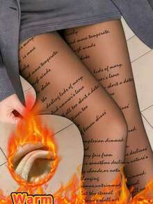 Women's Text Print Warm Lined Autumn/Winter Tights, Warm Text Pattern Tights, Comfortable Literary Quote Stockings, Cold-Proof Motto Leggings - Multicolor - View 1