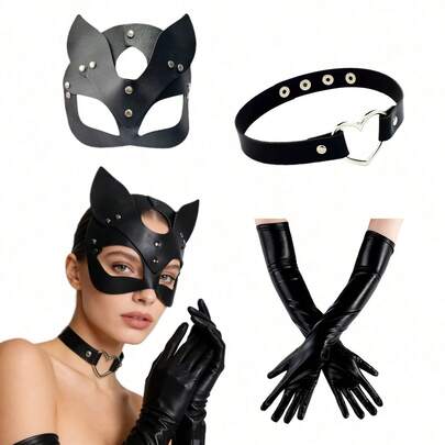Bộ trang phục mèo, cáo, thỏ phong cách Punk gồm 1-2/4 món, bao gồm mặt nạ mắt, vòng cổ hình trái tim và găng tay giả da - Thích hợp cho các bữa tiệc Halloween, dạ hội da và các dịp khác.
