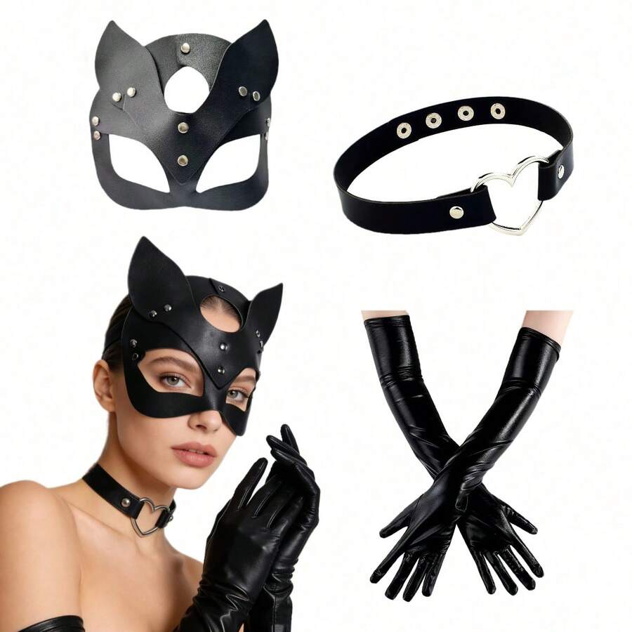 Bộ trang phục mèo, cáo, thỏ phong cách Punk gồm 1-2/4 món, bao gồm mặt nạ mắt, vòng cổ hình trái tim và găng tay giả da - Thích hợp cho các bữa tiệc Halloween, dạ hội da và các dịp khác. - Nhiều màu - Xem 1