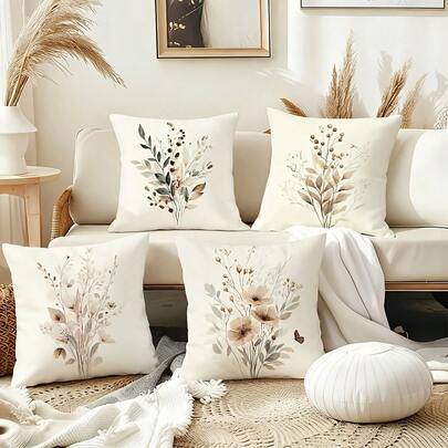 4pcs Pillow Covers Featuring Dried Flowers, Branches, Leaves, Berries, And Other Natural Plants, Adorned With A Delicate Butterfly, Use Watercolor Techniques To Present A Delicate And Soft Texture