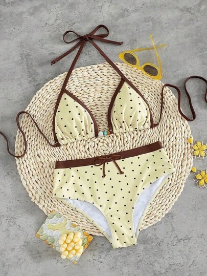 2pcs Polka Dot Elegant Casual Sexy Beaded Tie-Up Bikini Swimwear, High Waist, Summer Beach Vacation