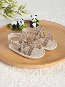 1 Pair Girls' Fashionable Versatile Striped Hook And Loop Design Sandals, Suitable For 0-1 Year Old Infant Girls Learning To Walk, Infant Shoes, Suitable For Spring, Autumn And Summer - Apricot - View 2