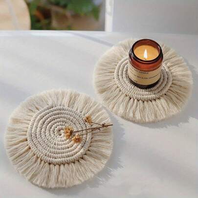 Round Woven Tassel Coaster With Bohemian Handmade Lace Design, Vintage Texture, Non-Slip And Durable, A Great Decorative Item For Protecting Table Surfaces In Restaurants And For Coffee Cups