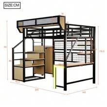 Metal Loft Bed 140 * 200 Cm, With Desk, Shelf And Storage Net, Complete With Safety Ladder, LED Lighting And Socket, Raised Railing, Black - Black - View 5
