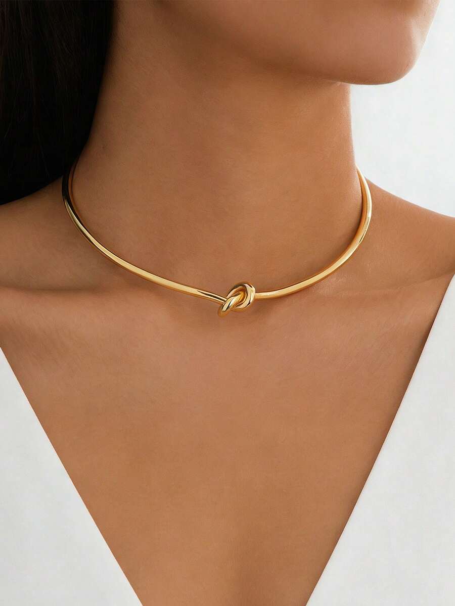 1pc Minimalist Knotted Choker Necklace, Fashionable Metal Collar Suitable For Women's Daily Wear, Party, Outing - ياقة معقودة - مشاهدة 1