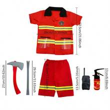 7pcs Children's Firefighter Role Play Costume Set, Spring/Summer New Kids Firefighter Pretend Play Outfit, Holiday Party Costume, Halloween Costume, Includes Firefighter Shirt, Shorts, Hat And 4 Firefighter Toys, Ideal Firefighter Role Play Set For Boys, Great Birthday, Holiday, Party, Halloween, Christmas Gift - Red - View 5