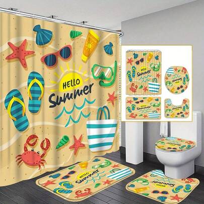 Bộ rèm tắm trang trí mùa hè cho phòng tắm - Có thể giặt máy, kèm 12 móc treo, bao gồm cả tấm phủ bồn cầu và thảm bồn tắm (1 cái/ 4 cái tùy chọn).