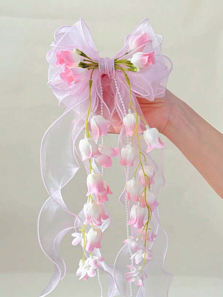 1pc Children's Hair Accessory Spring Fresh Small Bow Hair Clip Girls Hair Accessory Matching Sweet Orchid Headband And Forest Style Pearl Tassel Hair Decoration (Actual Product May Have Slight Color Difference From Image)