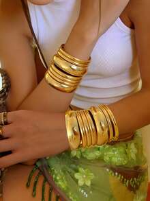 9/7/6/3件套复古优雅时尚高品质极繁主义手镯，波西米亚休闲几何金属光滑设计宽细手镯套装，夸张美式嘻哈奢华个性化吊坠叠戴手镯，金色，适合女性夏季海滩派对音乐节约会日常通勤首饰搭配 - 金黃色 - 查看 3