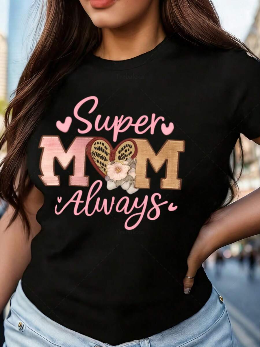 100%Plus Size - Plus Size - Casual Short-Sleeve Tee For Women Featuring A 'Super Mom' Design With Pink Hearts And Floral Patterns, Perfect As A Mother'S Day Present. This Plus-Size Graphic Top Is Ideal For Spring And Summer Summer Outfits,Camisas,Camisas Para Mujer,Playeras,Playeras De Mujer,Vintage,Easter Outfit Women,Mother's Day - 黑色 - 查看 1