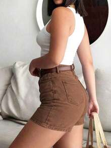 Cute Boho Style Straight Leg Denim Shorts, Medium Stretch, Button Pockets, Suitable For Women Casual Summer - Brown - View 6