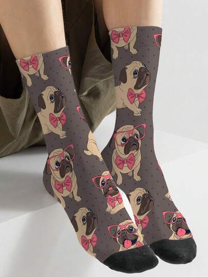A Pair Of Fun Socks With 360 Digital Printing Technology Featuring Playful Cartoon Dog And Animal Heart Patterns, Mid-Calf Length, Suitable For Both Men And Women, Street-Style Personalized Printed Socks, A Must-Have For People, Wearable In All Seasons
