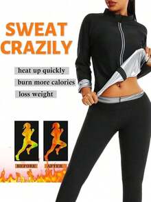 1pc 2024 New Women Outdoor Running/Fitness Long Sleeve Compression Shirt, With Zipper, Sauna Workout Sweat Activewear For Weight Loss, With Zipper Waist Training, Suitable For Autumn And Winter Shapewear, Waist Trainer, Sauna Suit, Workout Sweat Vest, Women Sauna Shirt, Exercise Sweat Vest, Size Runs Small, Order One Size Up For Loose Fit Gym Accessories For Belly Slimming Girdles, Lumbar Girdles For Belly Slimming Corset Spring - 藏蓝色 - 查看 3