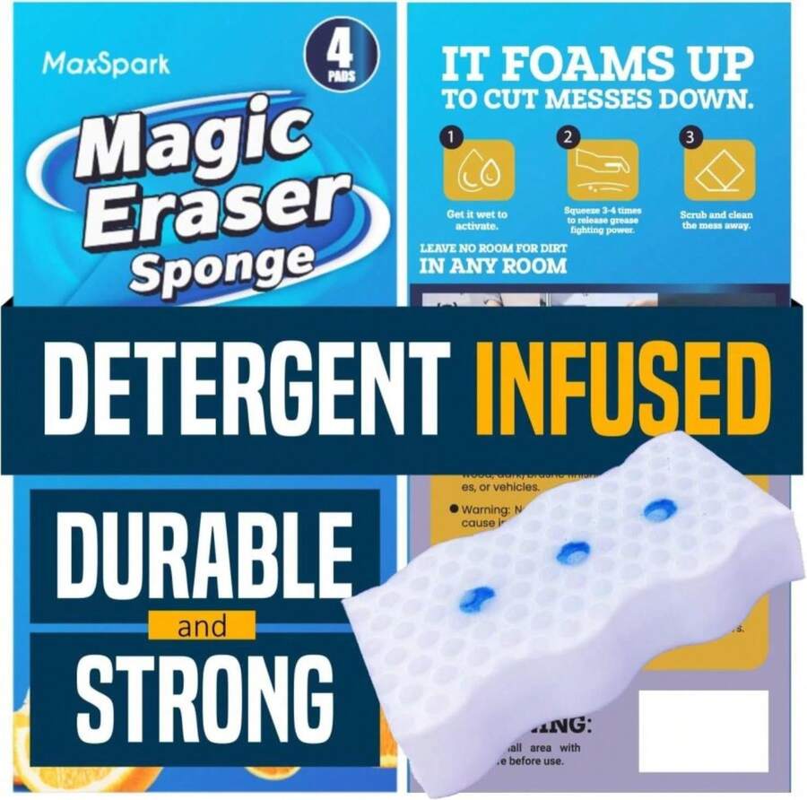 MaxSpark Magic Eraser Sponges 4 Pack U2013 Thick Melamine Cleaning Sponges For Walls, Kitchen, Bathroom &Amp; Floors U2013 White Magic Sponge Eraser Pads For Heavy Duty Multi-Purpose Cleaning - White - 查看 1