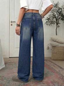 女士休闲日常通勤时尚宽松阔腿牛仔裤 - 寶藍色 - 查看 4