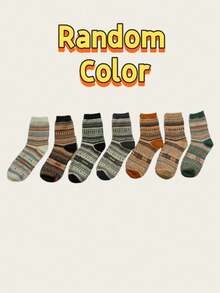 5双女士复古条纹加厚保暖袜，费尔岛图案，中筒长度，秋冬季，随机款式 - 彩色 - 查看 7