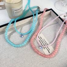 1条柔和水蓝色珠子和锆石项链，独特设计，清爽的颈链，适合女性日常或度假佩戴。 - 淺藍色 - 查看 5