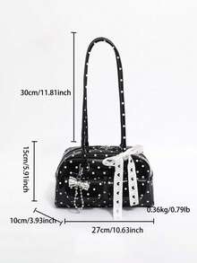 亮面波点波士顿包，配蕾丝蝴蝶结，多功能，休闲，甜美又酷炫，复古女孩单肩包 - 黑色 - 查看 5
