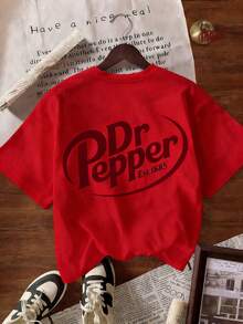 Women Vintage Soda Logo Print Crew Neck T-Shirt, Loose Drop Shoulder Short Sleeve Top, All Season Streetwear Casual Tee For Spring & Summer - 紅色 - 查看 2