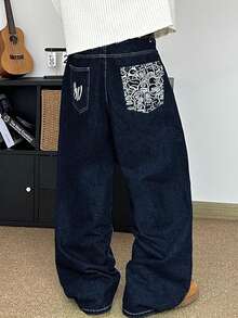Jeans holgados y sueltos con bordado en inglés en el bolsillo trasero para adolescentes y jóvenes - Azul - Ver 2