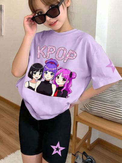 Set de 2 piezas de camiseta de manga corta y leggings de estilo casual Y2K y moda K-POP para niñas, adecuado para primavera/verano, vuelta al colegio, atuendo para exteriores/hogar/viajes