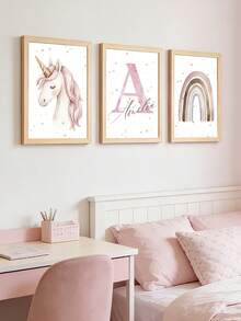 3pcs Personalized Wall Art Prints, Customized Name Unicorn & Butterfly Canvas Painting, Cute For Girl's Room, Apartment, Home Decor, Unique Birthday Gift For Friends, Kids, Family, Unframed - Pink - View 8