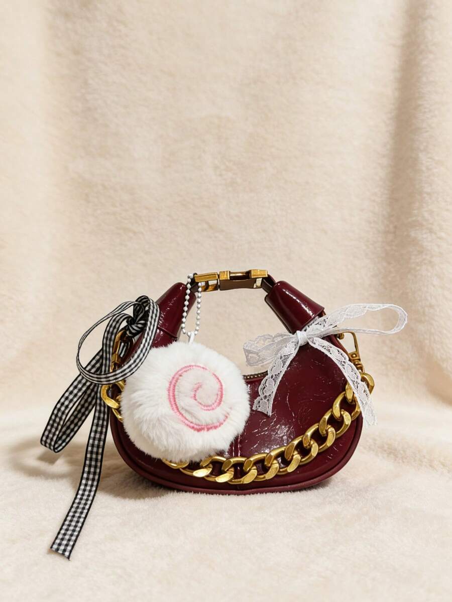 Túi đeo chéo Crescent dành cho nữ, túi xách mini kiểu Hobo, túi đeo vai đơn thanh lịch kiểu retro với dây xích kim loại, màu đỏ tía.