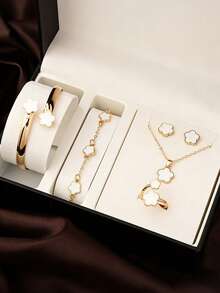 6件套四叶草首饰套装，时尚百搭，优雅女童饰品 - 白色 - 查看 4