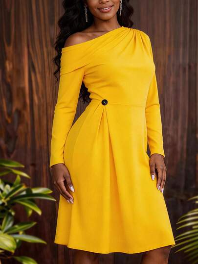 Elegant Women's Yellow A-Line Mid-Length Dress With Draped Asymmetric Neckline And Long Sleeves, Suitable For Party And Evening Events
