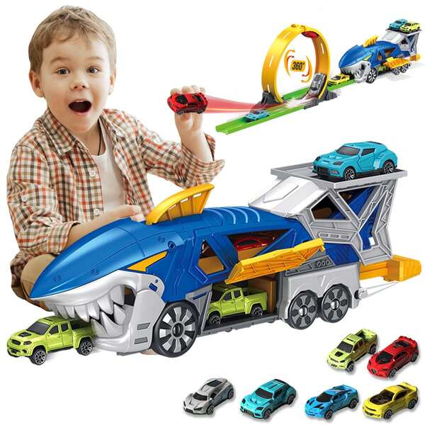 Shark Racing Car Toy Set - Hauler Truck With Loop Track And Launcher, 6 Pcs 1:64 Scale Racing Cars, STEM Toys For 3-12 Years Old Kids, Quick Assembly Durable ABS Plastic, Birthday Gift For Boys And Girls