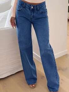 Light Blue Stretch-Free Women's Jeans, Loose Straight-Leg Slimming Women's Trousers - 深色水洗藍 - 查看 1