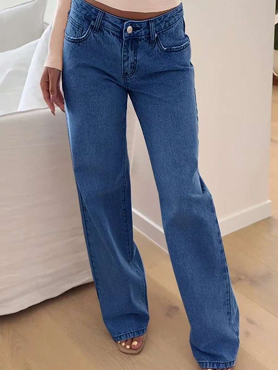 Light Blue Stretch-Free Women's Jeans, Loose Straight-Leg Slimming Women's Trousers - 深色水洗藍 - 查看 1