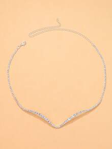 1pc Silver Simple V-Shape Crystal Choker Necklace, Party Accessory - Silver - View 2