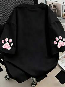 Paw Print Slogan Round Neck Plus Size Women T-Shirt, Casual Summer Black - Black - View 2