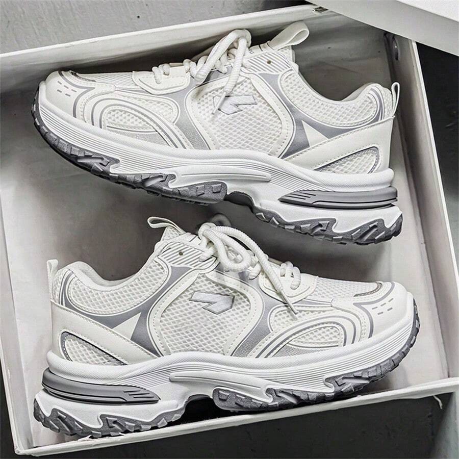 男士耐穿厚底鞋，韩国高品质厚底运动鞋，透气柔软网面鞋面设计户外休闲运动鞋 - 米色 - 查看 1