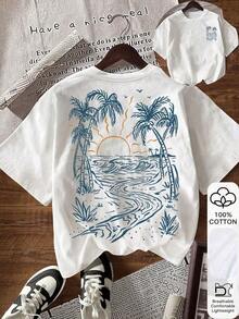 Women's Casual T-Shirt With Coconut And Floral Shell Print, Crew Neck And Short Sleeves, Suitable For Summer Holidays And Everyday Wear For Commuting. - Black - View 1