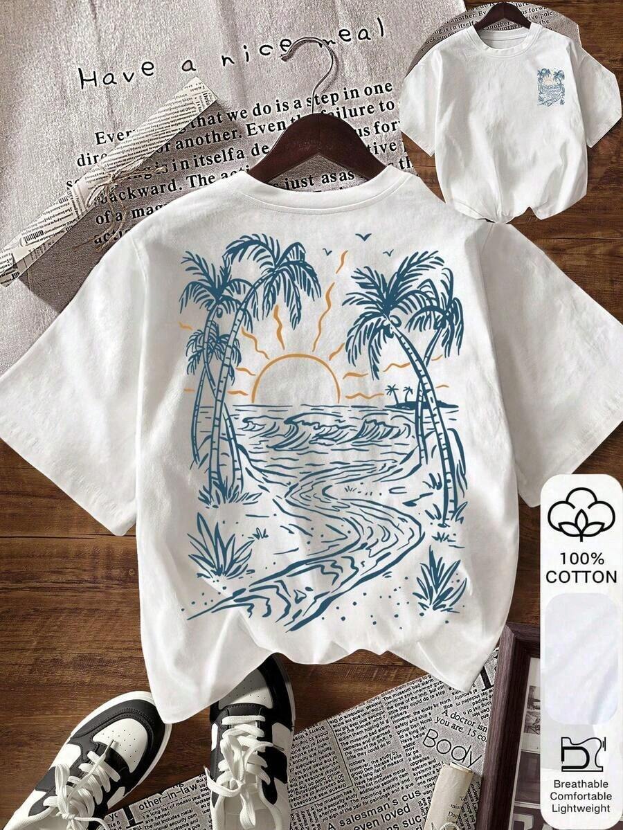 Women's Casual T-Shirt With Coconut And Floral Shell Print, Crew Neck And Short Sleeves, Suitable For Summer Holidays And Everyday Wear For Commuting. - Black - View 1