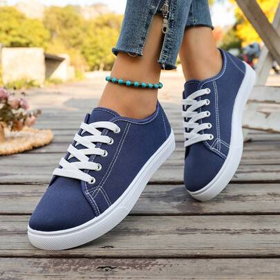 (Corre pequeño) Zapatillas casuales cómodas de mujer con empate frontal de color negro sólido y empalme, zapatos clásicos de moda versátiles para exteriores, calle, escuela, deportes y senderismo