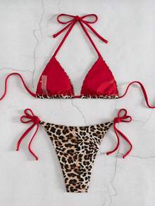 2pcs Leopard Print Sexy Backless Drawstring Tie Back Ruched Bust Women's Bikini Swimsuit, Suitable For Beach, Holiday, Summer, Red Leopard Print Contrast Color Vacation - Brown - View 4