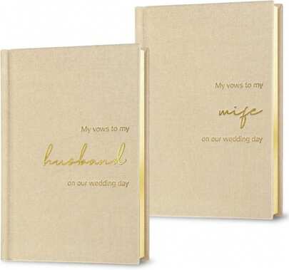 Libros de votos de boda para él y para ella - Lino con relieve de lámina, Set de 2 libros de votos para esposo y esposa - Esenciales de boda (Beige + Beige)