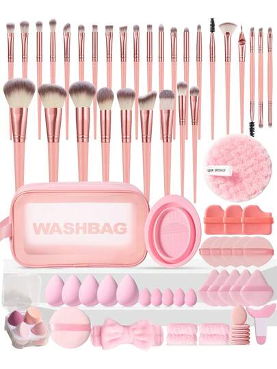 71PCS Makeup Tools Set Including:30PCS Makeup Brush Set+5PCS Makeup Sponges+5PCS Mini Makeup Sponges+5PCS Triangle Powder Puffs+8PCS Air Cushion Powder Puff+6PCS Mini Air Cushion Powder Puffs+4PCS Makeup Sponges Set+1pc Facial Cleansing Sponges+1pc Circular Powder Puffs+1pc Makeup Brush Cleaning Tools+1pc Eye Makeup Aid+2PCS Hand Bowl Strap+1pc Hairband+1pc Multi-Functional Zipper Toiletry And Cosmetic Bag Waterproof