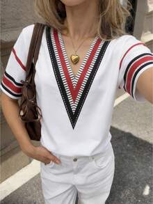 Women's Fashion V-Neck Short Sleeve T-Shirt, Decorated With Striking Red And Black Stripes, Casual Woven Fabric, Suitable For Daily Wear White Summer - White - View 2