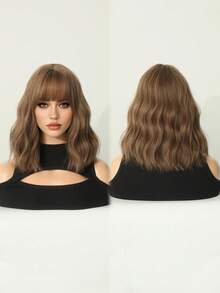 7JHH WIGS Peluca corta ondulada de color marrón con flequillo para mujeres, 12 pulgadas de longitud, peluca corta rizada natural y sintética resistente al calor, accesorios de pelucas para uso diario, cosplay, festivales de música y fiestas - Marrón - Ver 5