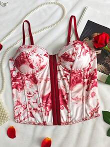Adjustable Strap Colorful Heart Print Corset Top For Women - Burgundy - View 2
