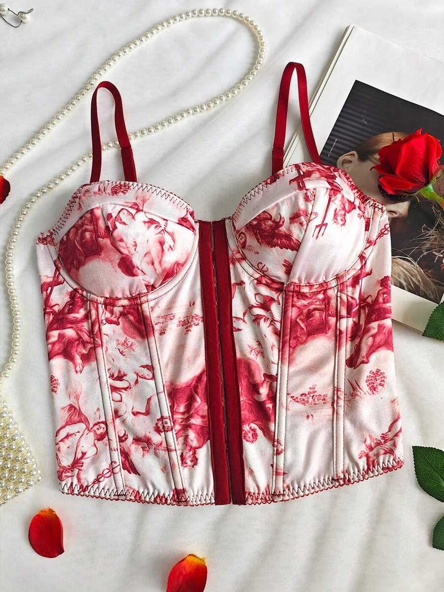 Adjustable Strap Colorful Heart Print Corset Top For Women