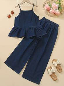 2pcs/Set Tween GirlsFashionable Denim Outfit, Includes Bowknot Camisole Top And Wide Leg Jeans Pants, Summer - Dark Wash - View 7