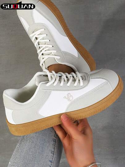 1 Pair Women's White Sneakers, Fashion Casual Flat Lace-Up Shoes For Students, Versatile Comfortable Athletic Shoes For Spring/Autumn, Fashionable And Versatile White Shoes