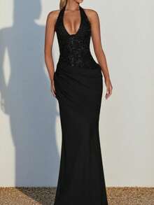 Halter Neck Dress Push Up Bust Bodycon Pencil Skirt Sexy Club Bodycon Dress - Blanco - Ver 11